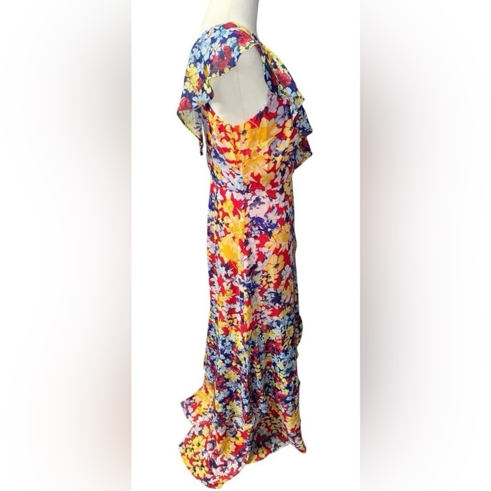Lulus Radiant Ruby Red Floral Print Chiffon Maxi Dress sz Medium - Picture 10 of 15